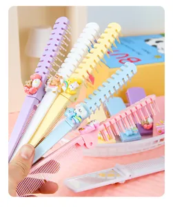 Cute folding comb with mirror, portable makeup hairbrush, macaron color cartoon fishbone hair comb.