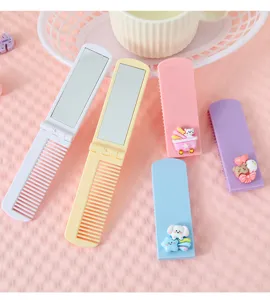 Macaron cute cartoon folding comb with mirror, portable two-in-one mini hair comb for travel.