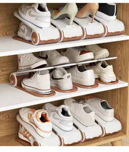 Space saving double layer shoe rack organizer adjustable shoe slots for closet cabinet storage