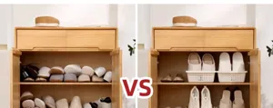 Detail view of plastic shoe storage boxes showing organized footwear vs messy arrangement.