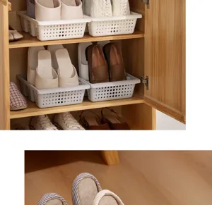 Plastic shoe storage box drawer style space saving organizer for cabinet and home shoe rack.