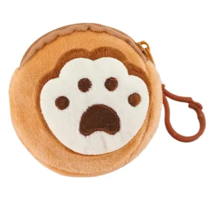 Cute plush coin purse with cartoon animal paw embroidery, round portable mini wallet with zipper.