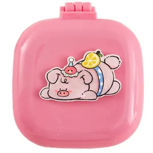 Brosse à cheveux de voyage pliante rose avec miroir, peigne coussin cochon dessin animé.