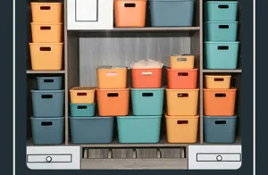 Detailed scene showing colorful plastic storage boxes neatly organized inside a wardrobe.