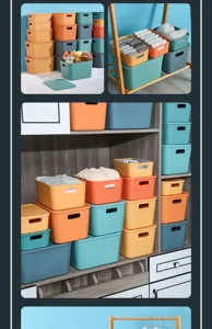 Plastic storage boxes set with lids for home organization, desktop clothes and toy storage bins.