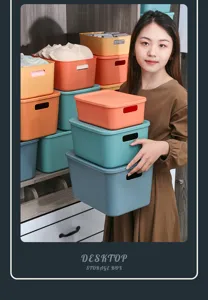 Plastic desktop storage box with lid, stackable organizer bin for snacks, clothes and toys.