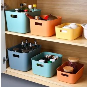 Plastic storage box set for kitchen cabinet organization, durable multi-color plastic basket.