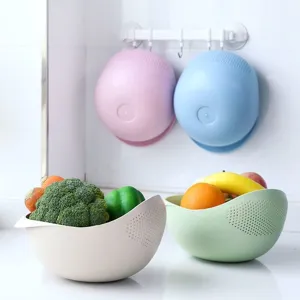 Plastic double layer draining basket for kitchen fruit and vegetable washing with rice strainer bowl.