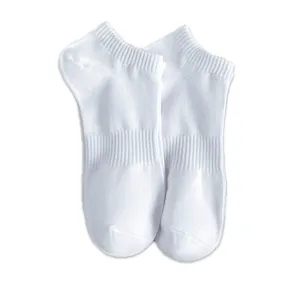 Close-up detail view of white men's short ankle socks, showing ribbed cotton fabric texture.