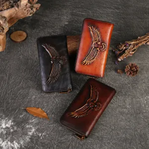 Genuine Leather Long Wallet For Women Men Vintage Eagle Embossed Zip Around Card Holder Large Capacity Clutch Purse