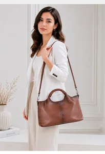Vintage soft leather tote bag for women, large capacity genuine cowhide shoulder handbag.