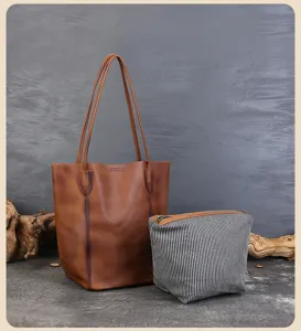 Borsa tote retro in pelle di grande capacità da donna, elegante borsa a spalla con pochette.