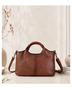 Vintage soft genuine cowhide leather tote handbag for women, large capacity shoulder bag style.