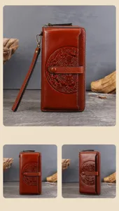 Genuine leather women vintage wallet, large capacity multi-card phone clutch bag detail.