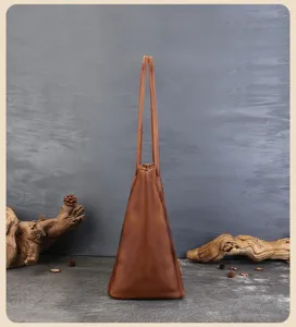 Borsa tote in vera pelle marrone vintage per donna, elegante profilo laterale, borsa.