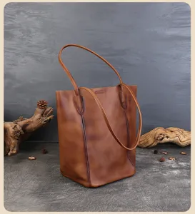 Borsa a secchiello retrò di grande capacità per donna, borsa a tracolla in pelle marrone vintage.
