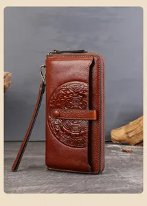 Genuine leather women wallet vintage retro long phone purse with wrist strap and embossed pattern