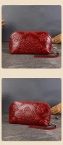 Sac pochette en cuir de vachette embossé vintage, porte-monnaie rouge pour femmes.