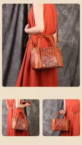 Vintage genuine leather embossed tote bag, retro brown shoulder crossbody handbag for women.