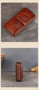 Vintage genuine leather long wallet for women with embossed pattern and large capacity zipper design.