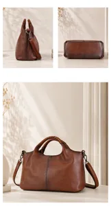 Vintage genuine leather tote bag detail showing soft texture, woven handles and metal hardware.