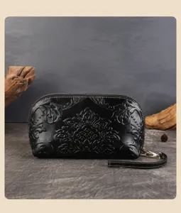 Sac de telephone gaufre en cuir veritable vintage pochette portefeuille femme motif floral noir