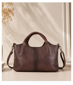 Vintage genuine leather tote bag for women, large capacity soft cowhide handbag with shoulder