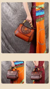 Vintage embossed genuine leather women handbag, elegant bamboo handle shoulder crossbody bag.