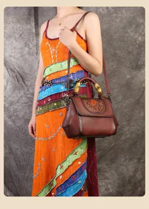 Vintage embossed leather women handbag retro shoulder crossbody bag with bamboo handle