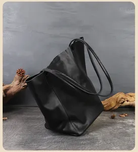 Borsa a shopper nera classica in vera pelle da donna, grande borsa a spalla elegante.