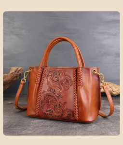 Retro carved genuine leather handbag top layer cowhide vintage tote shoulder bag.