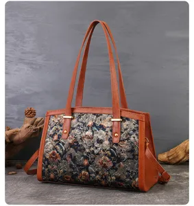 Vintage embroidered tote bag for women, large capacity shoulder handbag with leather trim.