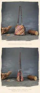 Detailansicht der handgefertigten bunten geflochtenen Leder-Muscheltasche mit Holz-Requisiten