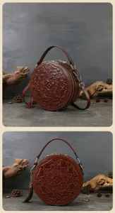 Vintage embossed round leather handbag for women, elegant shoulder crossbody bag with tassel.