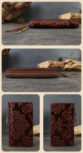 Detailed view of genuine leather vintage embossed wallet with exquisite floral tooling and tassel.