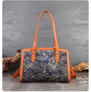 Women vintage floral brocade shoulder boston bag with orange leather trim large capacity