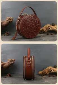 Vintage embossed round leather handbag top handle shoulder cross body bag for women detail view.