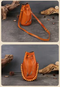 Handcrafted vegetable tanned leather bucket bag detail view showing fine texture.