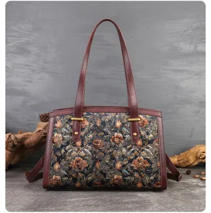 Vintage floral embroidered women tote bag luxury shoulder handbag with brown leather trim