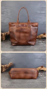 Vintage brown genuine leather tote bag for women, large capacity shoulder commuting bag.