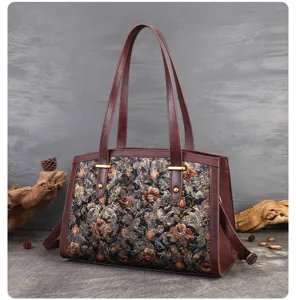 Vintage embroidered women shoulder bag large capacity boston handbag casual retro tote bag.