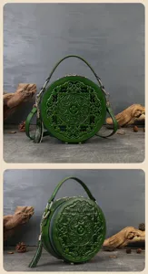Detailed view of dark green leather round handbag with intricate embossed floral pattern, vintage style.
