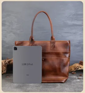 Retro genuine leather tote bag for women, large capacity shoulder bag, casual commuter travel handbag.