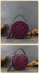 Vintage embossed round leather handbag detail view, elegant purple crossbody bag for women.