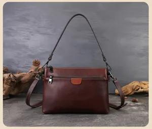 Classic genuine leather women shoulder bag, multi-layer design, elegant crossbody purse.