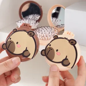 Portable cute cartoon capybara folding air cushion comb mini pocket massage hair brush with mirror