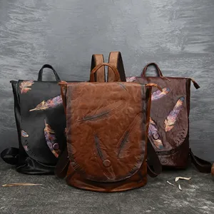 Genuine leather backpack vintage style feather pattern casual daypack for women elegant bag