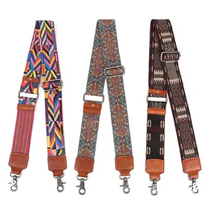 Ethnic style replacement bag strap, colorful woven shoulder strap with genuine leather ends.