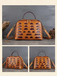 Vintage leather dumpling bag detail view showing contrast weaving and premium hardware options.