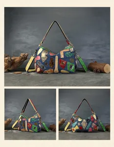 Retro patchwork leather pillow bag detail, featuring unique denim and colorful leather textures.